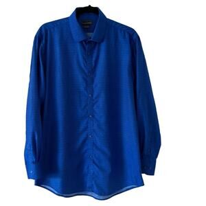 Ruffini Black Label L 16/16.5 Slim Fit Blue Tiny Print Button Down Shirt Italy
